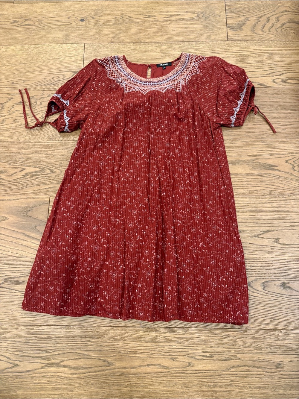 Woman’s cottage core Red smocked and Embroidered Neckline Dress size medium